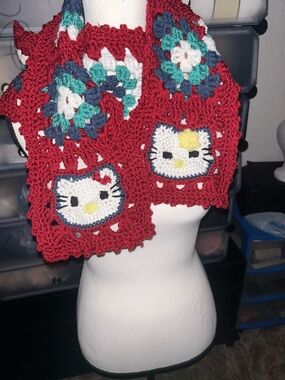 Handmade Red Crochet Scarf with White Kitty Motifs that glow in the dark!